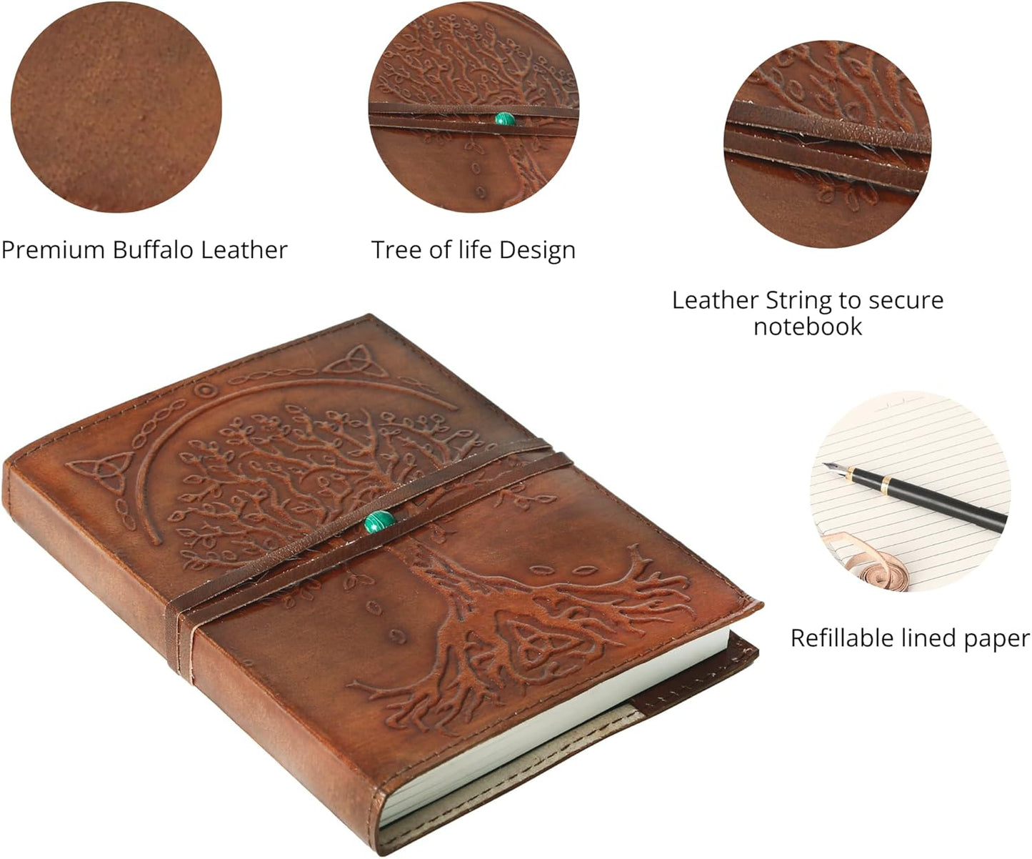Leather Journal in Brown 7X5 Refillable Lined Paper Tree of Life Handmade Writing Notebook Diary Leather Bound Daily Notepad for Women and Men Writing Pad for Artist Sketch