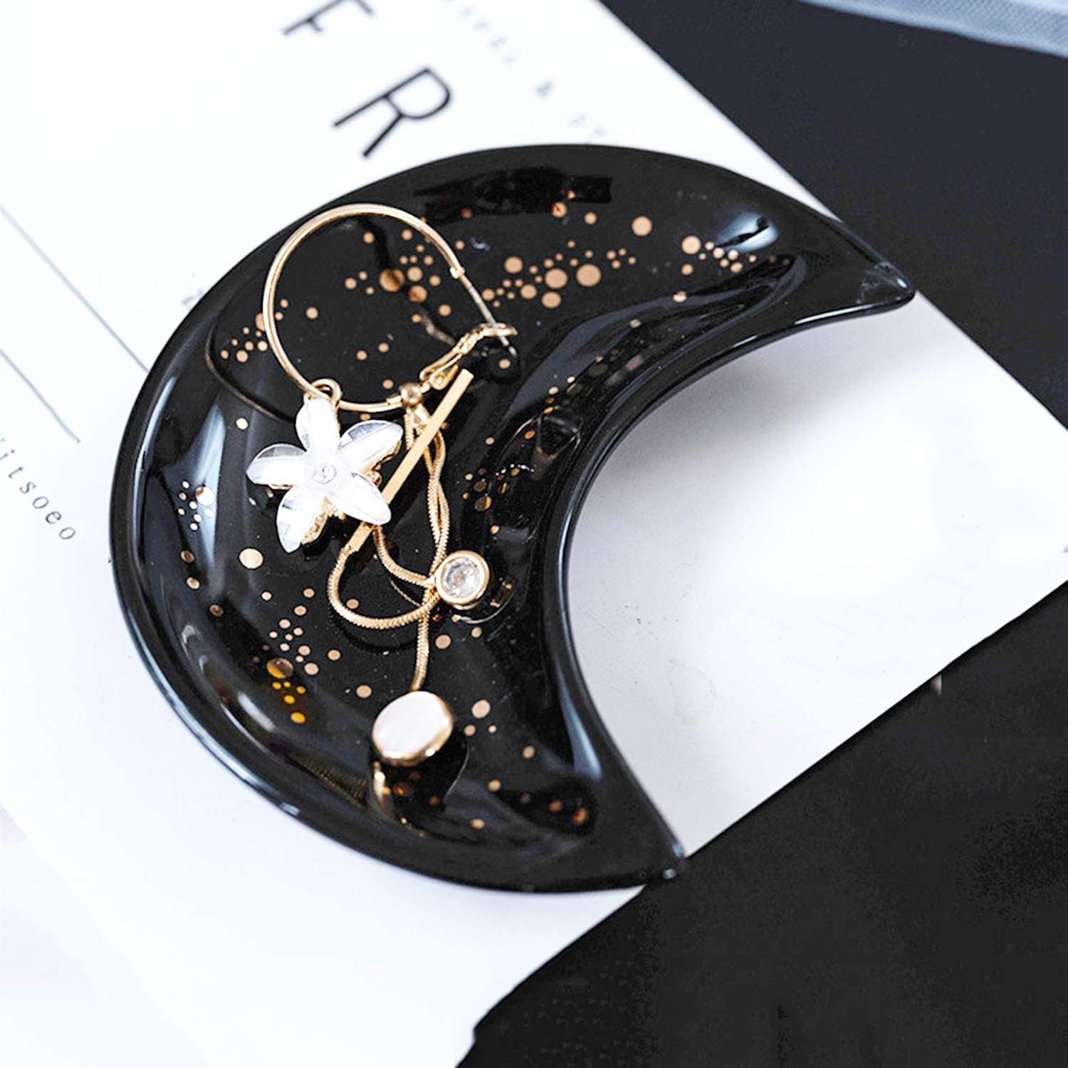 Small Moon Jewelry Dish Tray, Decorative Ceramic Trinket Dish, Modern Accent Tray for Vanity 2Pcs（White and Black ）