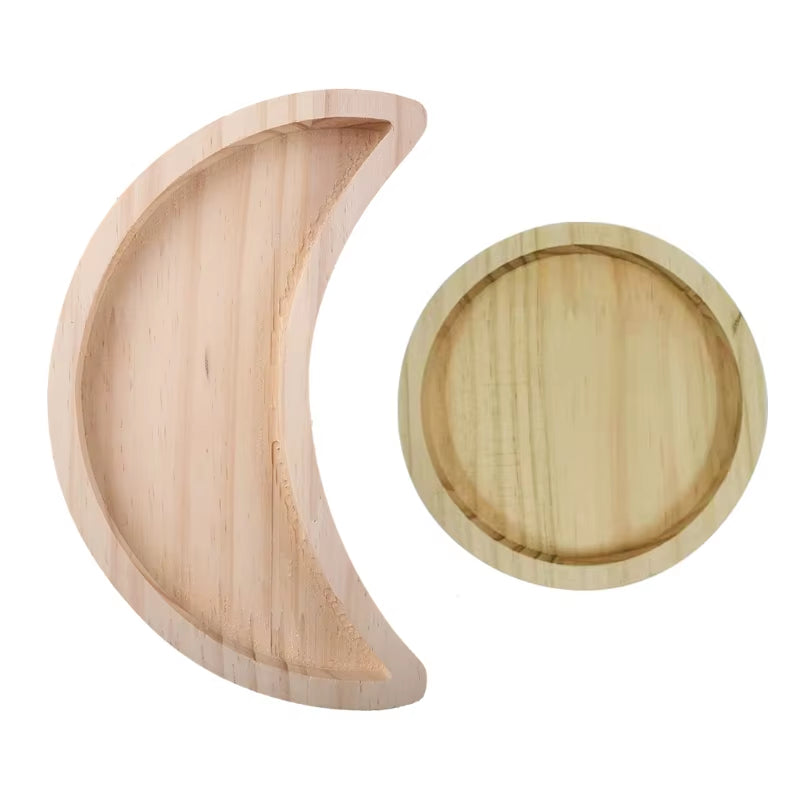 Wooden Serving Tray Rustic Tableware Dessert Dish Moon Sun Shape Jewelry Plate Bowl Eid Mubarak Supplies