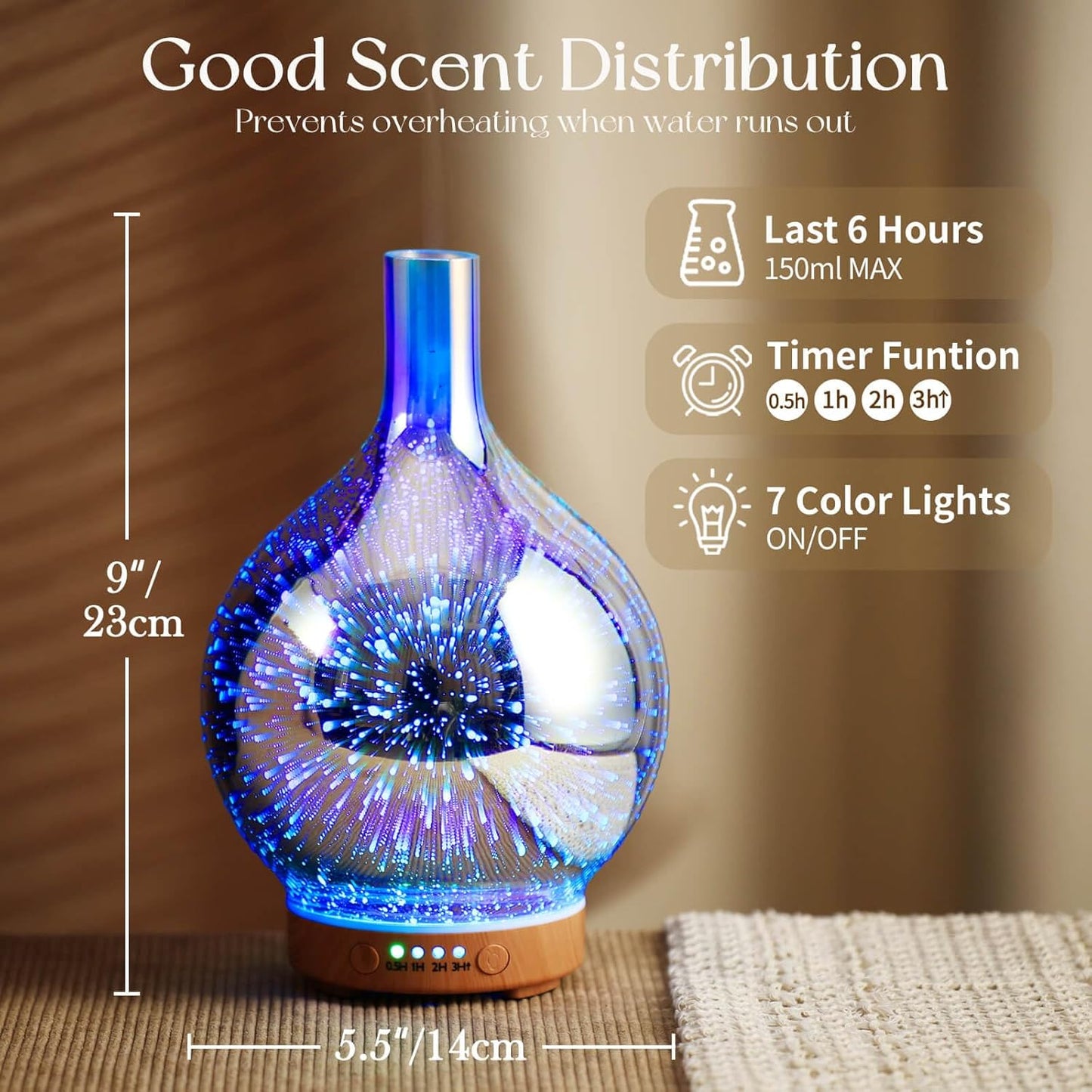 3D Essential Oil Diffuser Cool Mist Humidifier Ultrasonic Aromatherapy Diffuser,150Ml Last 6H,Auto Shut-Off,Air Refresh,Decoration for Home,Office,Yoga,Baby,Sleep