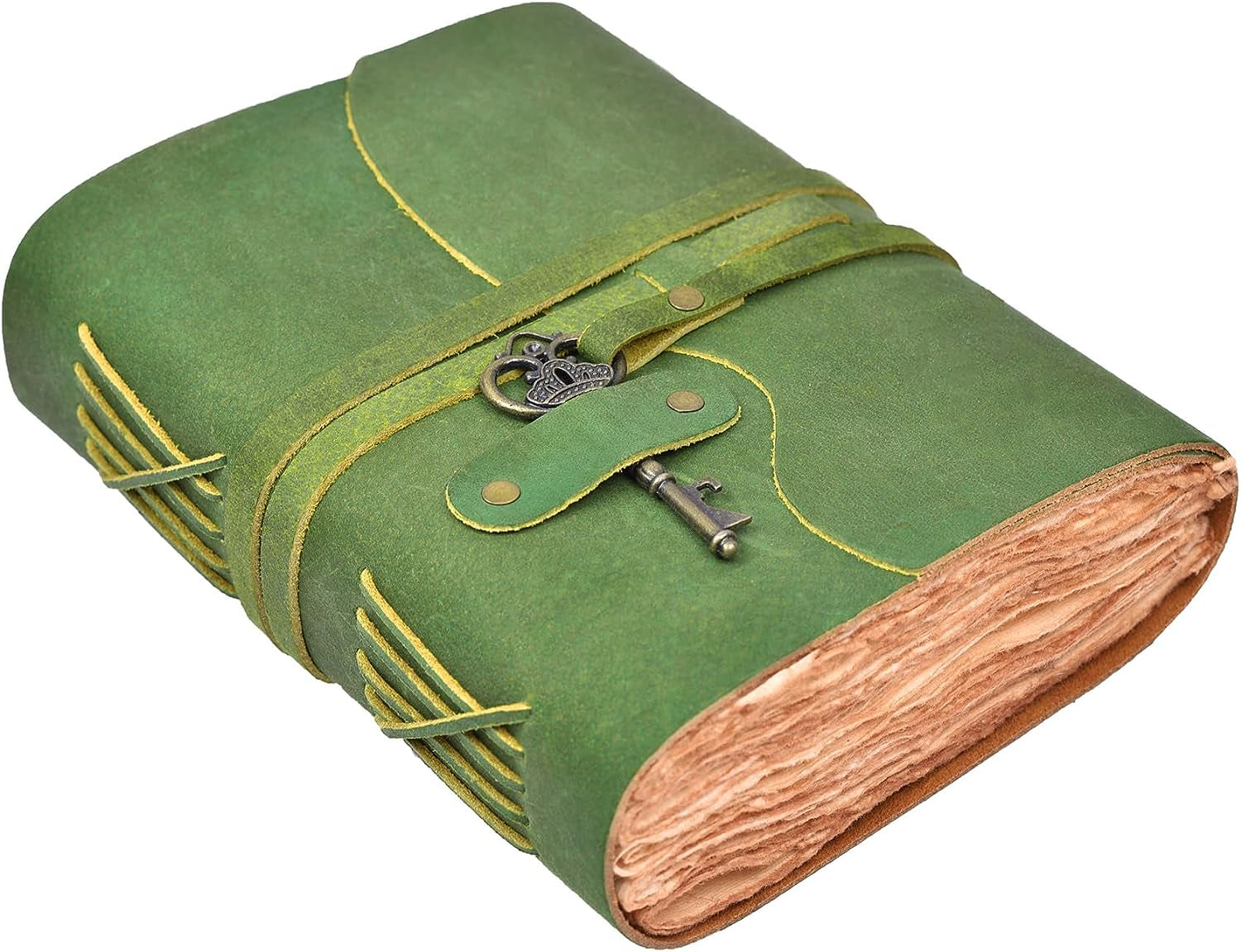 Vintage Leather Journal – 200 Handmade Vintage Deckle Edge Paper – Leather Bound Journal for Women Men – Vintage Key Closure - Book of Shadows - Green - 8X6 Inches (A5)