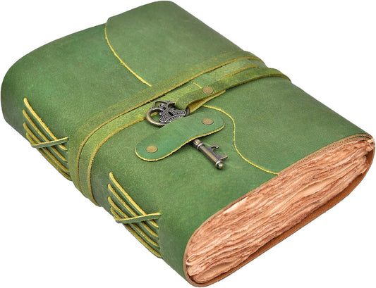 Vintage Leather Journal – 200 Handmade Vintage Deckle Edge Paper – Leather Bound Journal for Women Men – Vintage Key Closure - Book of Shadows - Green - 8X6 Inches (A5)
