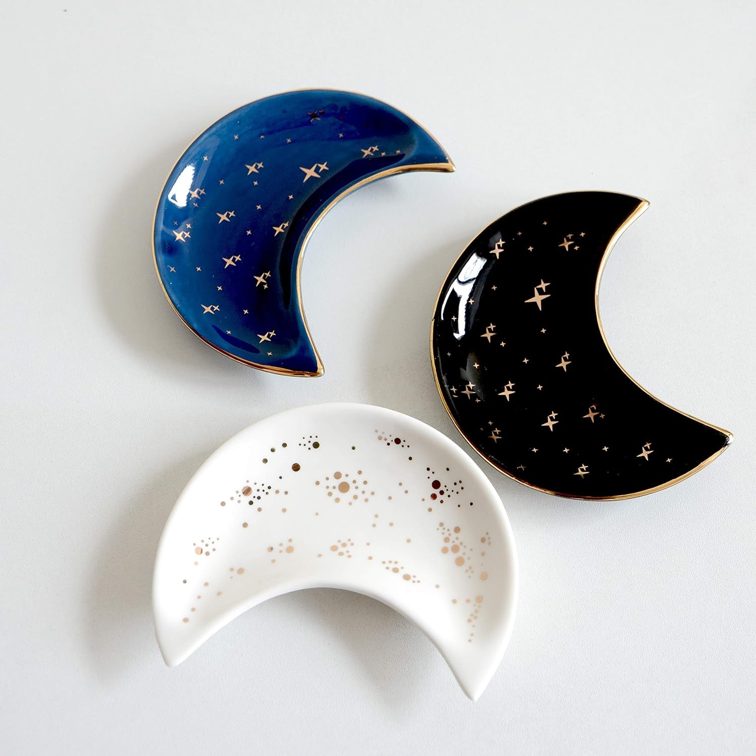 Small Moon Jewelry Dish Tray, Set of 2, Decorative Ceramic Trinket Dish, Modern Accent Tray for Vanity (White and Black)