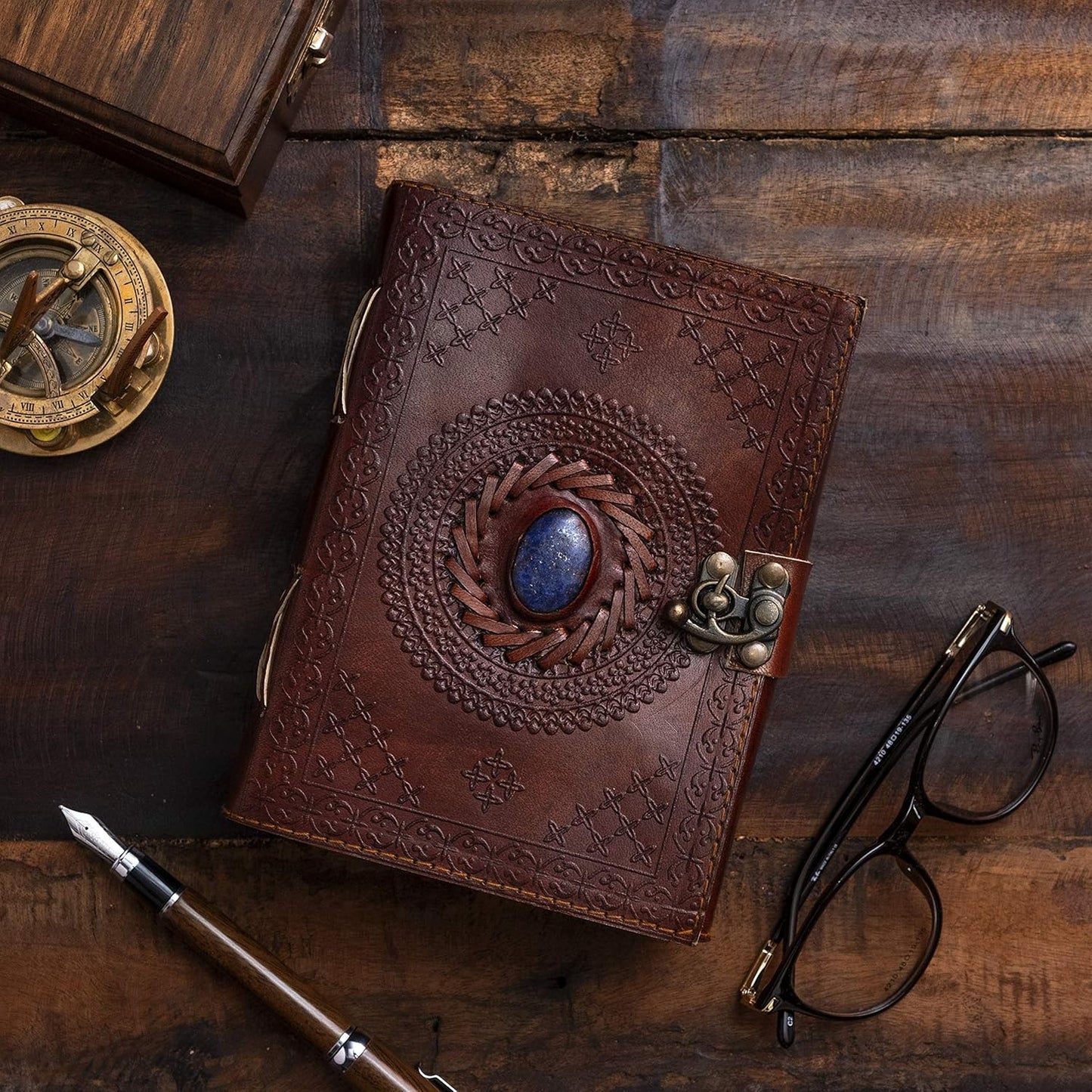 Vintage Leather Journal with Semi Precious Stone - Lock Closure, 240 Pages Antique Deckle Edge Paper - Book of Shadows, Grimoire Journal, Witch Journal for Men and Women - 7" X 5"