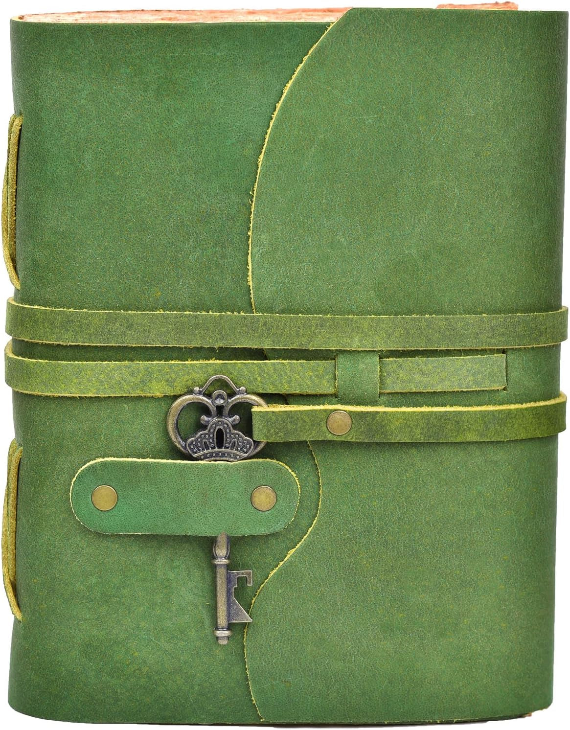 Vintage Leather Journal – 200 Handmade Vintage Deckle Edge Paper – Leather Bound Journal for Women Men – Vintage Key Closure - Book of Shadows - Green - 8X6 Inches (A5)