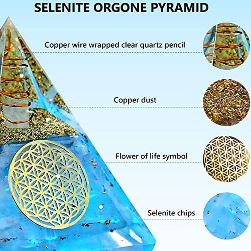 Selenite Glow Orgone Pyramid, Handmade Selenite Crystal Pyramid for High Frequency Vibration, Powers of Manifestation,Crystals and Healing Stones for Promotes Peace and Calmness, Orgonite Pyramids