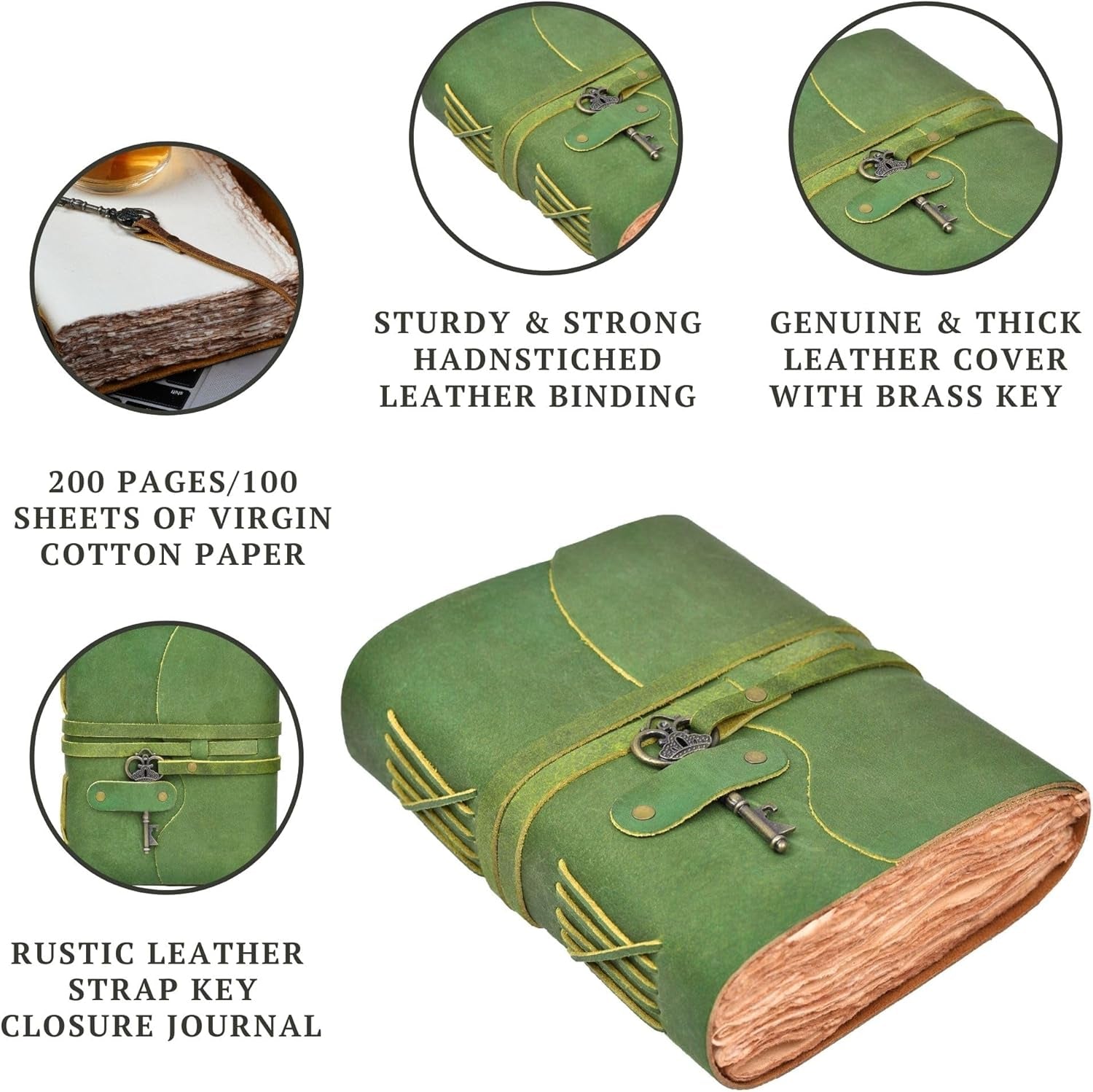Vintage Leather Journal – 200 Handmade Vintage Deckle Edge Paper – Leather Bound Journal for Women Men – Vintage Key Closure - Book of Shadows - Green - 8X6 Inches (A5)