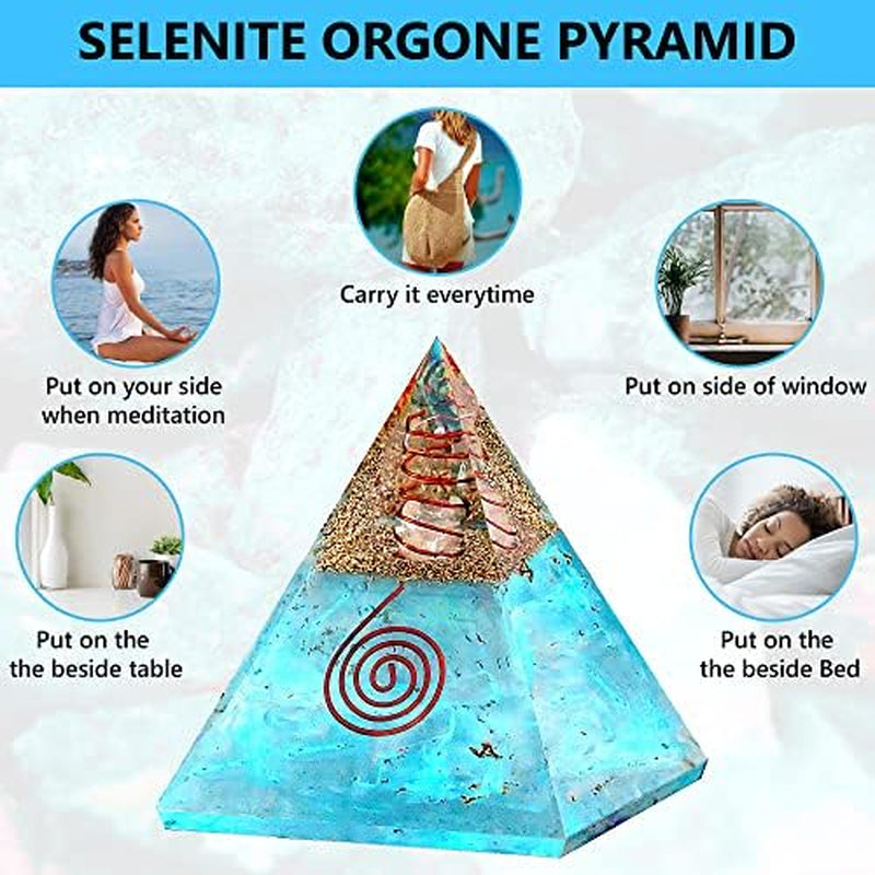 Selenite Glow Orgone Pyramid, Handmade Selenite Crystal Pyramid for High Frequency Vibration, Powers of Manifestation,Crystals and Healing Stones for Promotes Peace and Calmness, Orgonite Pyramids