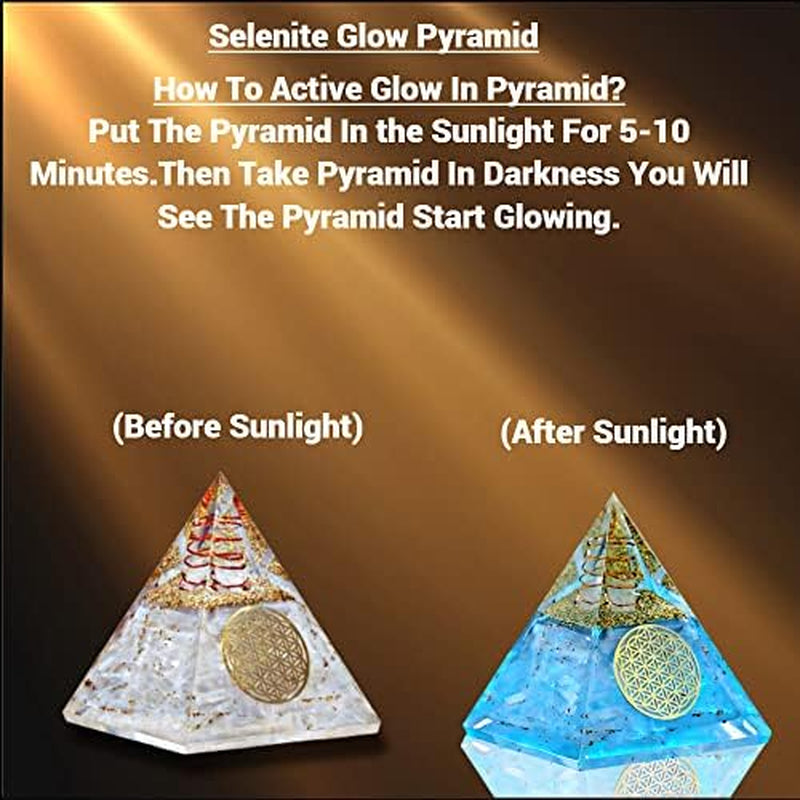 Selenite Glow Orgone Pyramid, Handmade Selenite Crystal Pyramid for High Frequency Vibration, Powers of Manifestation,Crystals and Healing Stones for Promotes Peace and Calmness, Orgonite Pyramids