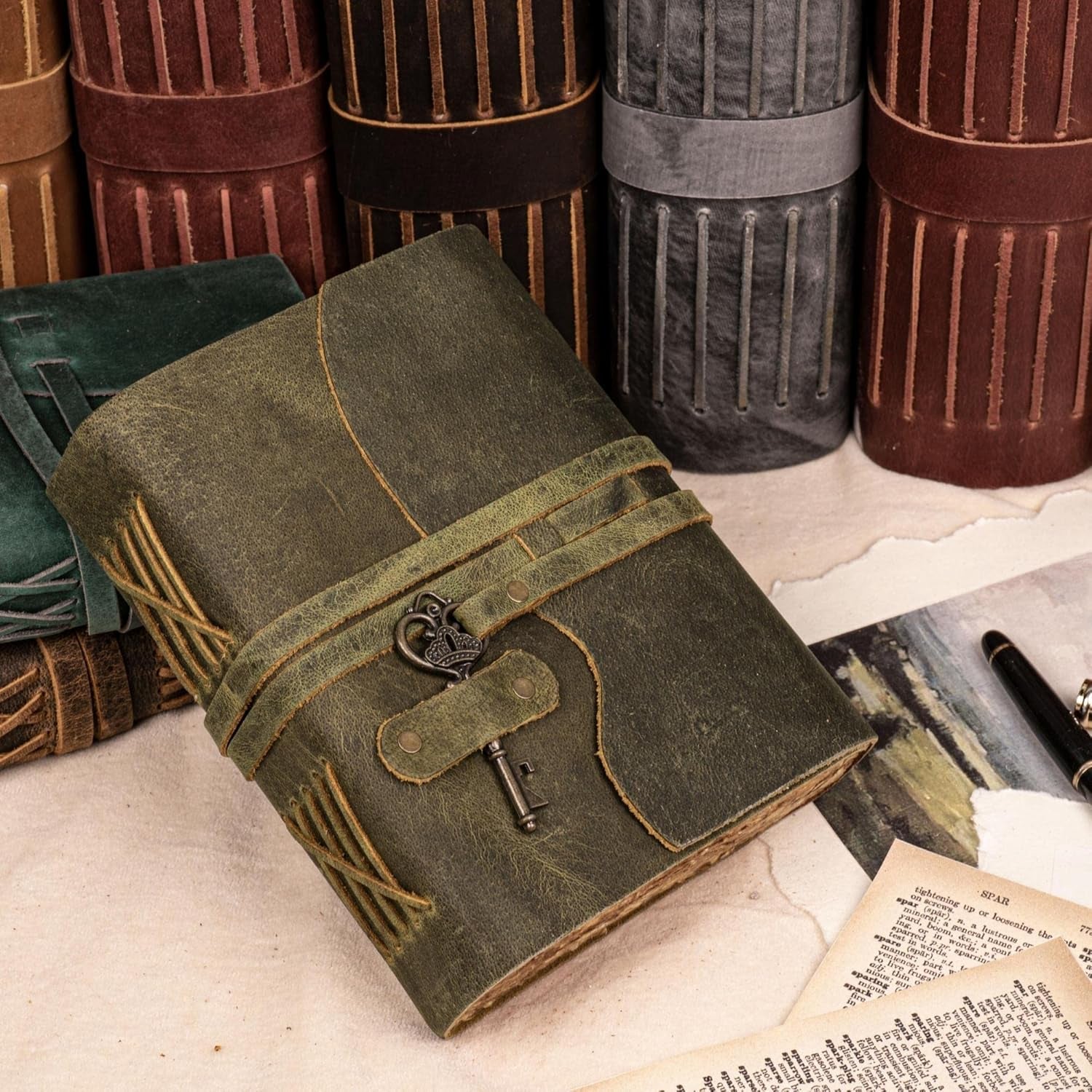 Vintage Leather Journal – 200 Handmade Vintage Deckle Edge Paper – Leather Bound Journal for Women Men – Vintage Key Closure - Book of Shadows - Green - 8X6 Inches (A5)
