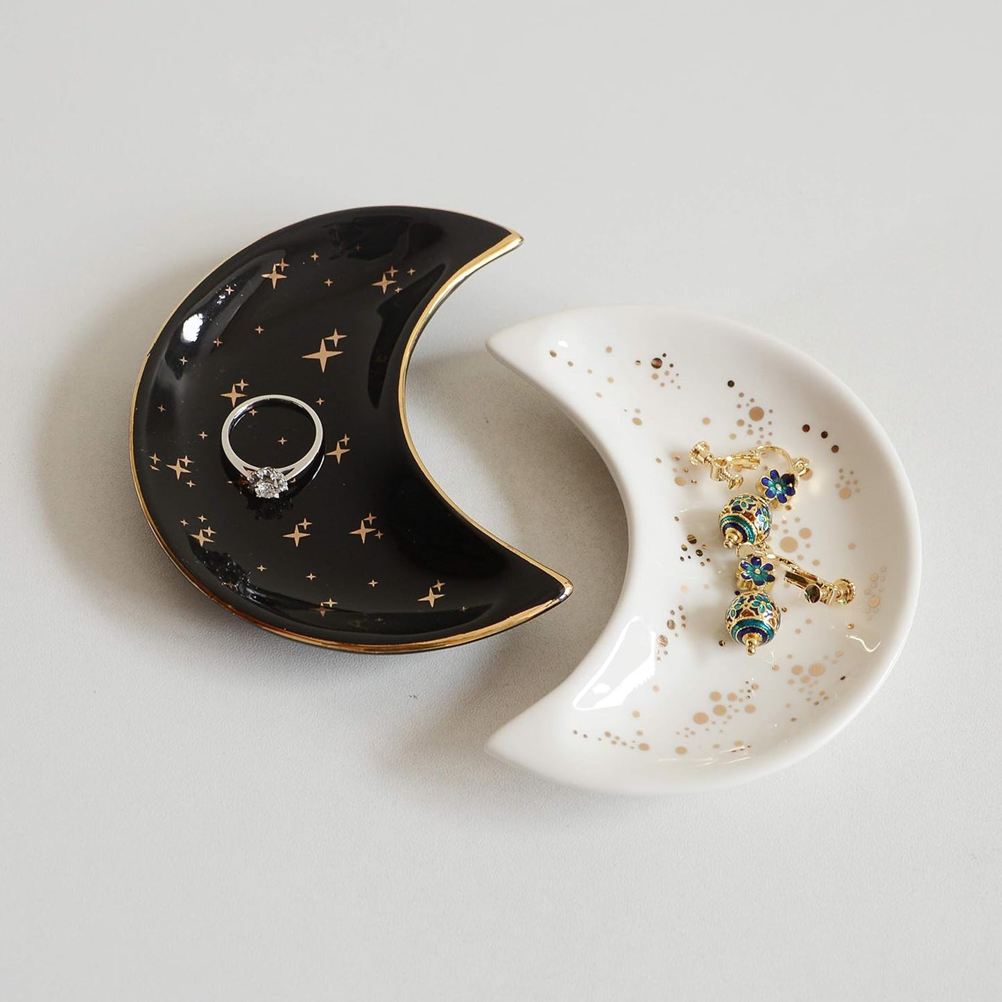 Small Moon Jewelry Dish Tray, Set of 2, Decorative Ceramic Trinket Dish, Modern Accent Tray for Vanity (White and Black)