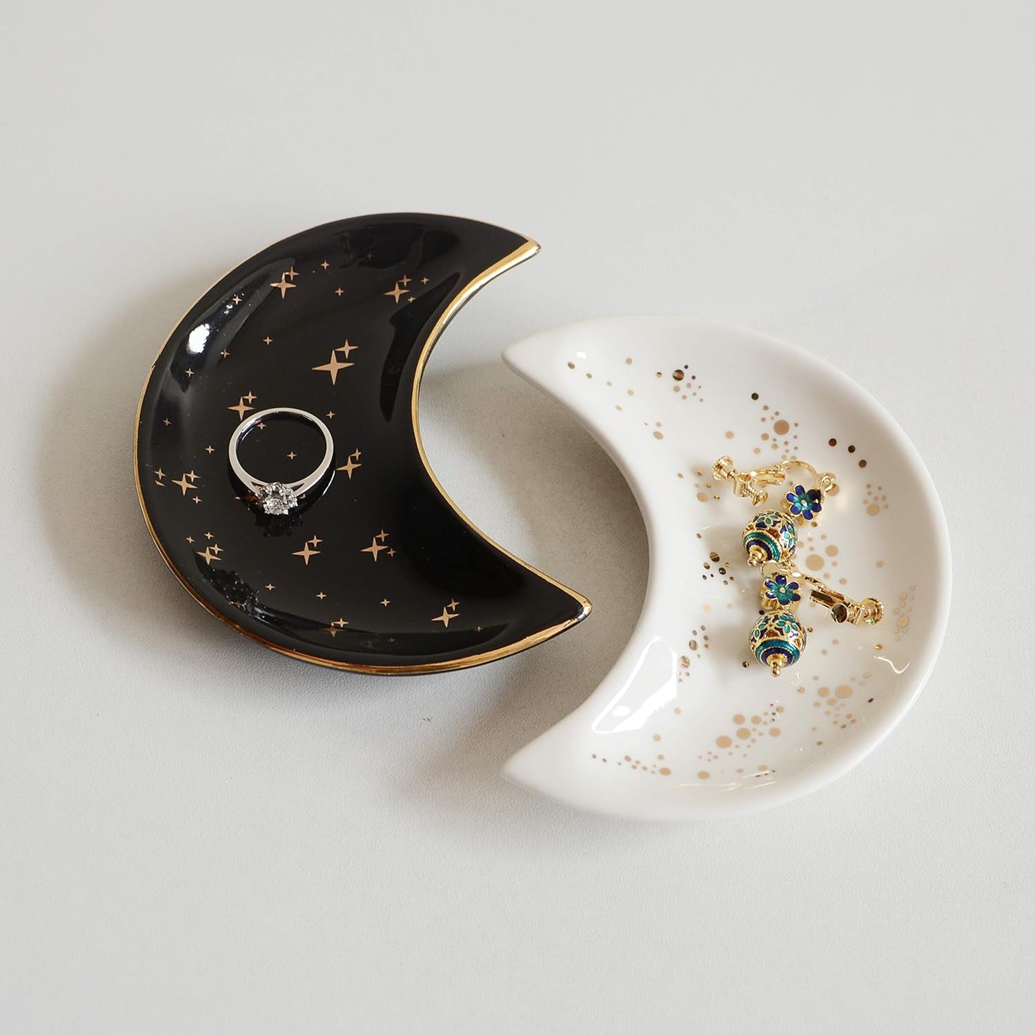 Small Moon Jewelry Dish Tray, Set of 2, Decorative Ceramic Trinket Dish, Modern Accent Tray for Vanity (White and Black)